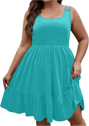 Women's Plus Size Tshirt Dresses Casual Crewneck Sleeveless Summer Ruffle Hem Mini Dress Loose Beach A Line Sundress