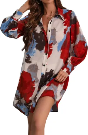 Women's Shirt Dresses Button Down Colorful Blouses Long Sleeve Floral Print Tops Loose Collar Sexy T-Shirts