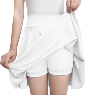 Women's Skort with Built-in Shorts 2025 Fashion Casual Stretchy Pleated High Waisted Flared Mini Tennis Skater Skirt