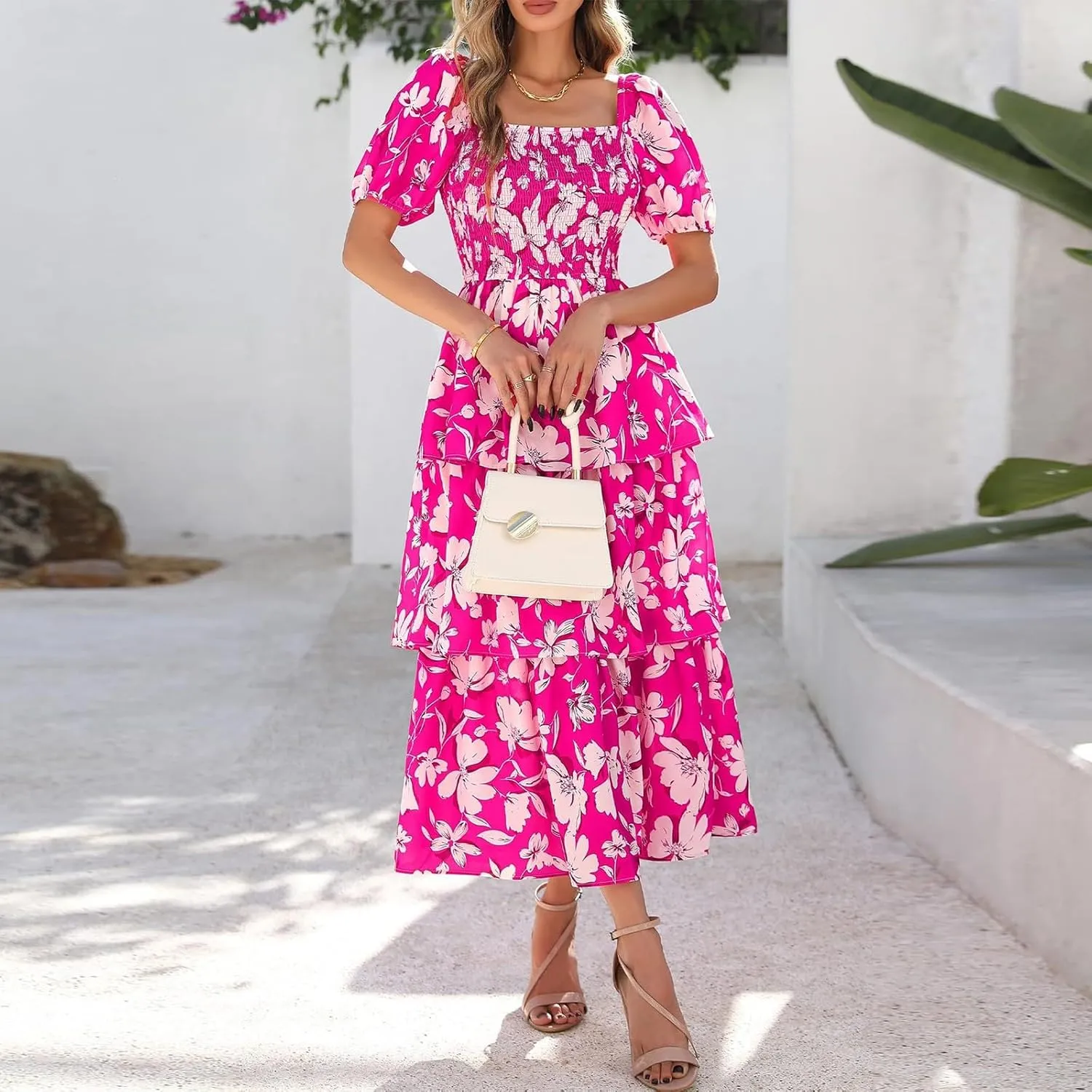 Womens Square Neck Smocked Dress Summer Puff Short Sleeve Floral Casual Ruffle Tiered Maxi Wedding Guest Dresses