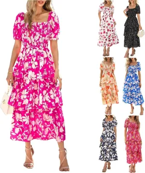 Womens Square Neck Smocked Dress Summer Puff Short Sleeve Floral Casual Ruffle Tiered Maxi Wedding Guest Dresses