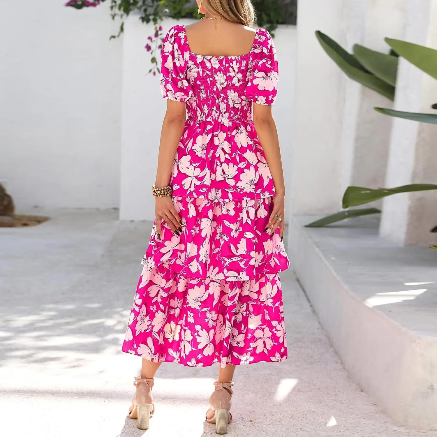 Womens Square Neck Smocked Dress Summer Puff Short Sleeve Floral Casual Ruffle Tiered Maxi Wedding Guest Dresses