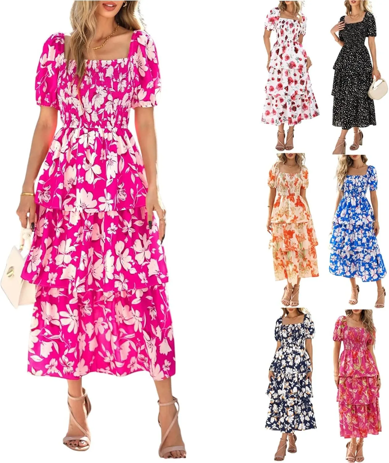 Womens Square Neck Smocked Dress Summer Puff Short Sleeve Floral Casual Ruffle Tiered Maxi Wedding Guest Dresses