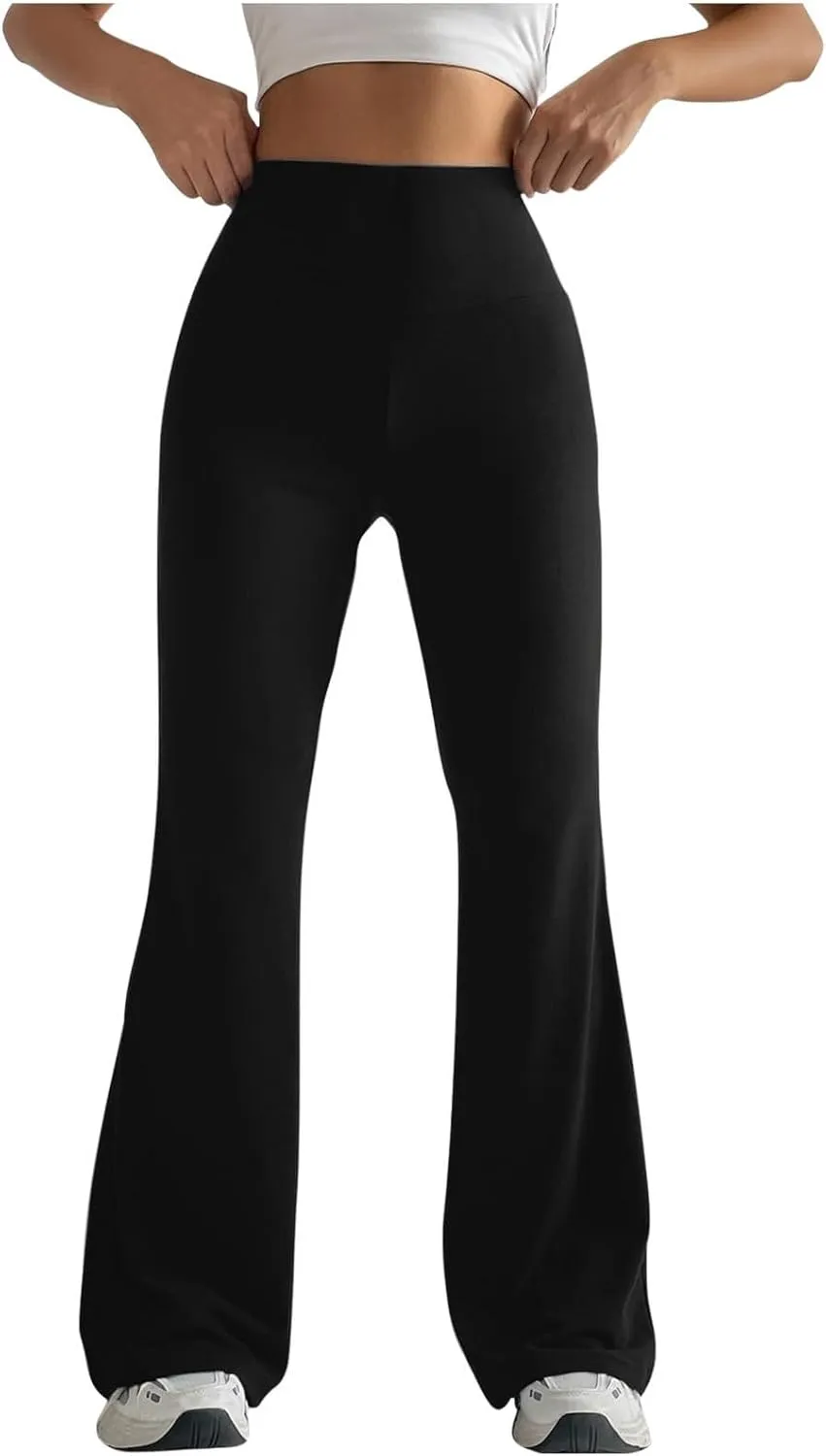 Womens Stretch High Waist Leggings Regular Fitted Solid Flared Pants Active Workout Yoga Pants Seamless