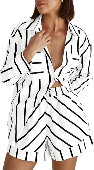 Women's Striped 2 Piece Outfits Casual Oversized Button Down Shirts and Short Lounge Pajamas Set(White,XL), X-Large