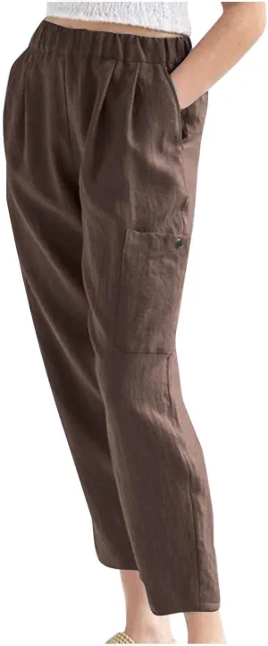 Womens Summer Linen Pants with 4 Pockets Straight Leg Elastic Waist Ankle Length Pants Casual Trousers Bottoms