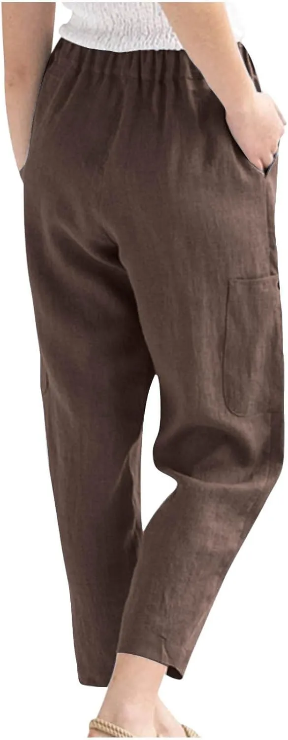 Womens Summer Linen Pants with 4 Pockets Straight Leg Elastic Waist Ankle Length Pants Casual Trousers Bottoms