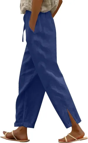 Women's Summer Long Solid Color Cotton Linen Straight Leg Loose Casual Pants Pants with Pockets Summer