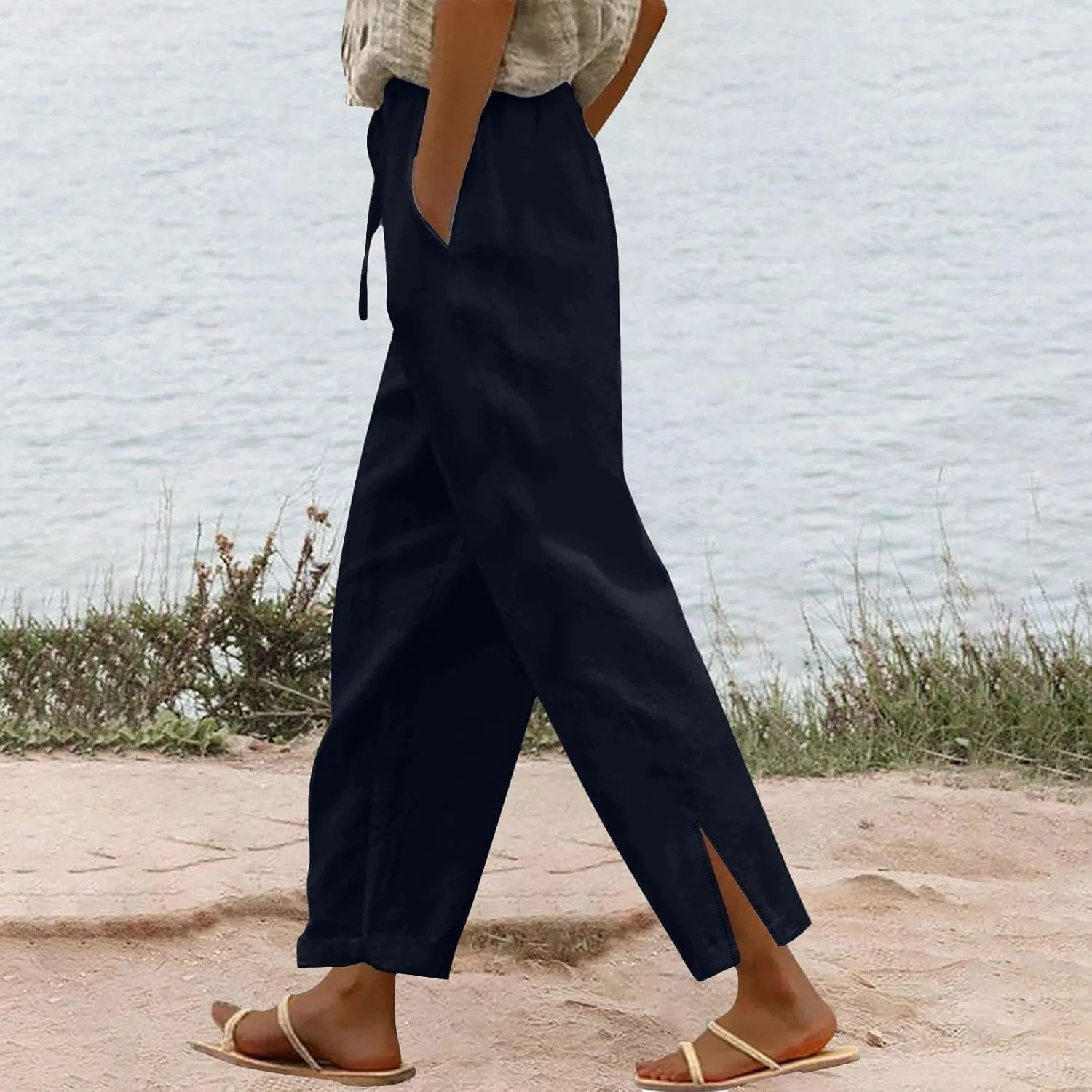Women's Summer Long Solid Color Cotton Linen Straight Leg Loose Casual Pants Pants with Pockets Summer