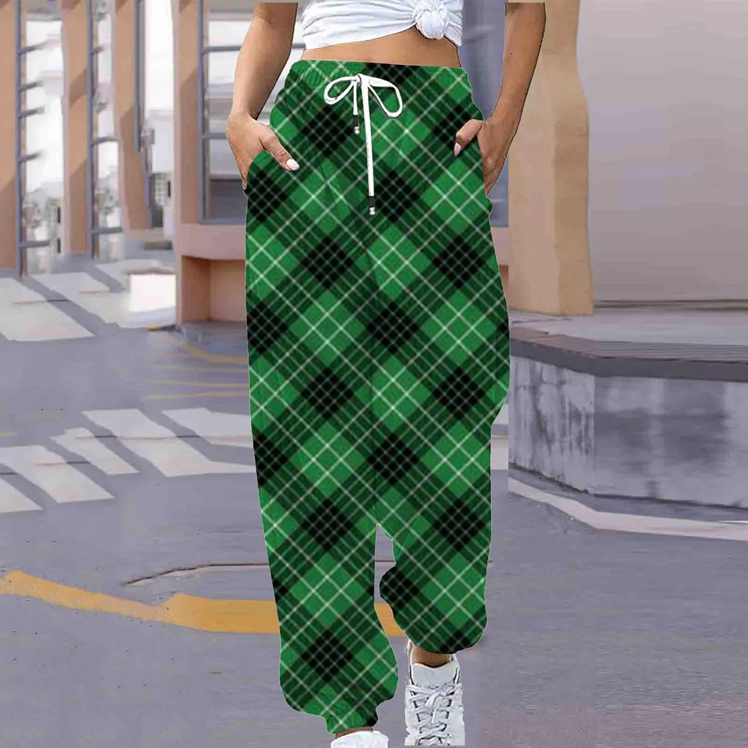 Womens Sweatpants Trendy Plaid Drawstring High Waist Active Workout Trousers Baggy Casaul Joggers Pants with Pockets