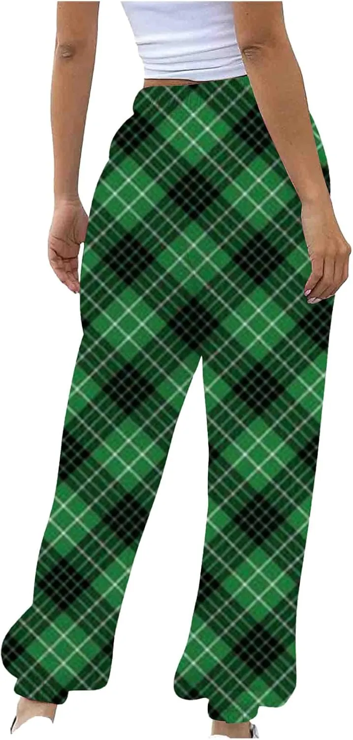Womens Sweatpants Trendy Plaid Drawstring High Waist Active Workout Trousers Baggy Casaul Joggers Pants with Pockets