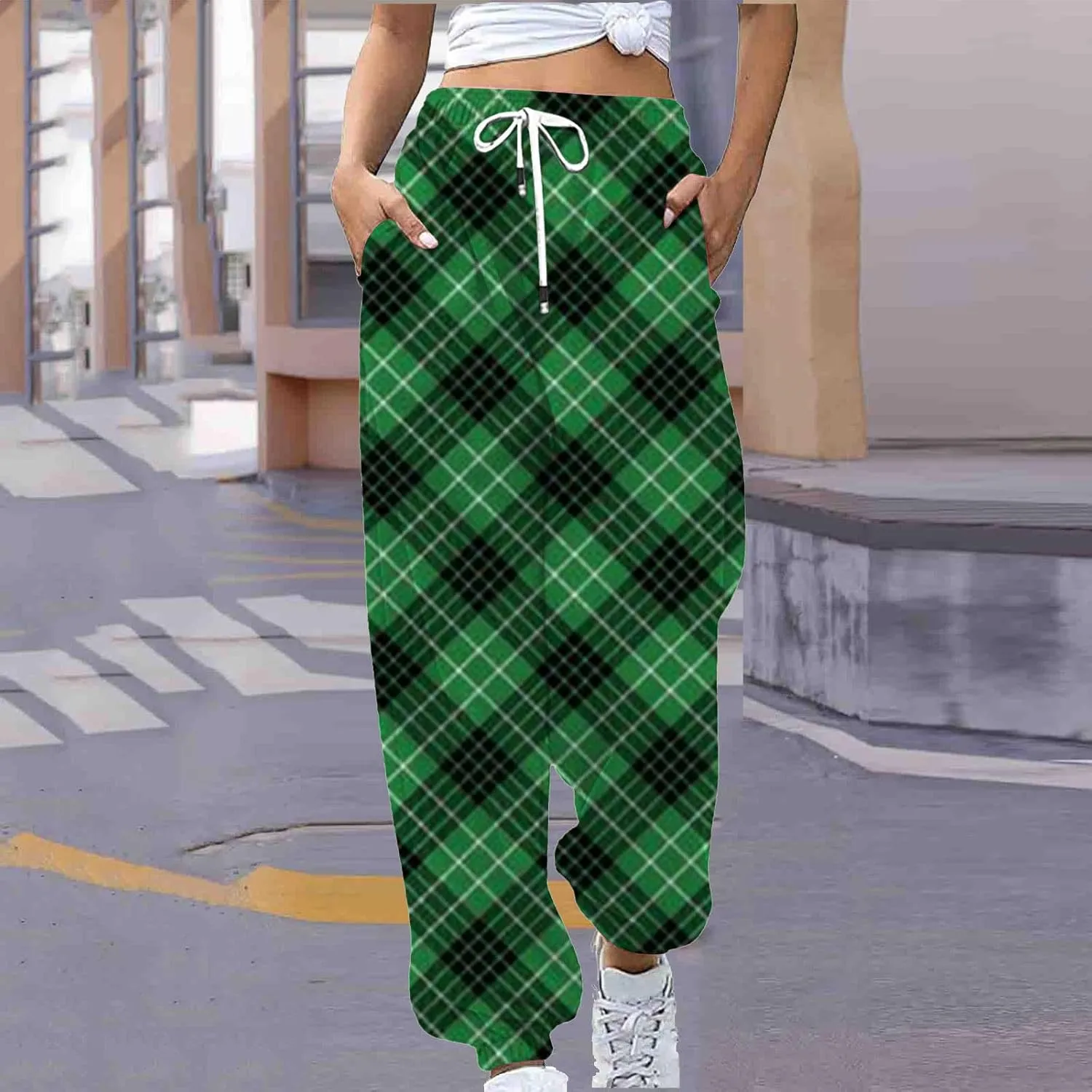 Womens Sweatpants Trendy Plaid Drawstring High Waist Active Workout Trousers Baggy Casaul Joggers Pants with Pockets