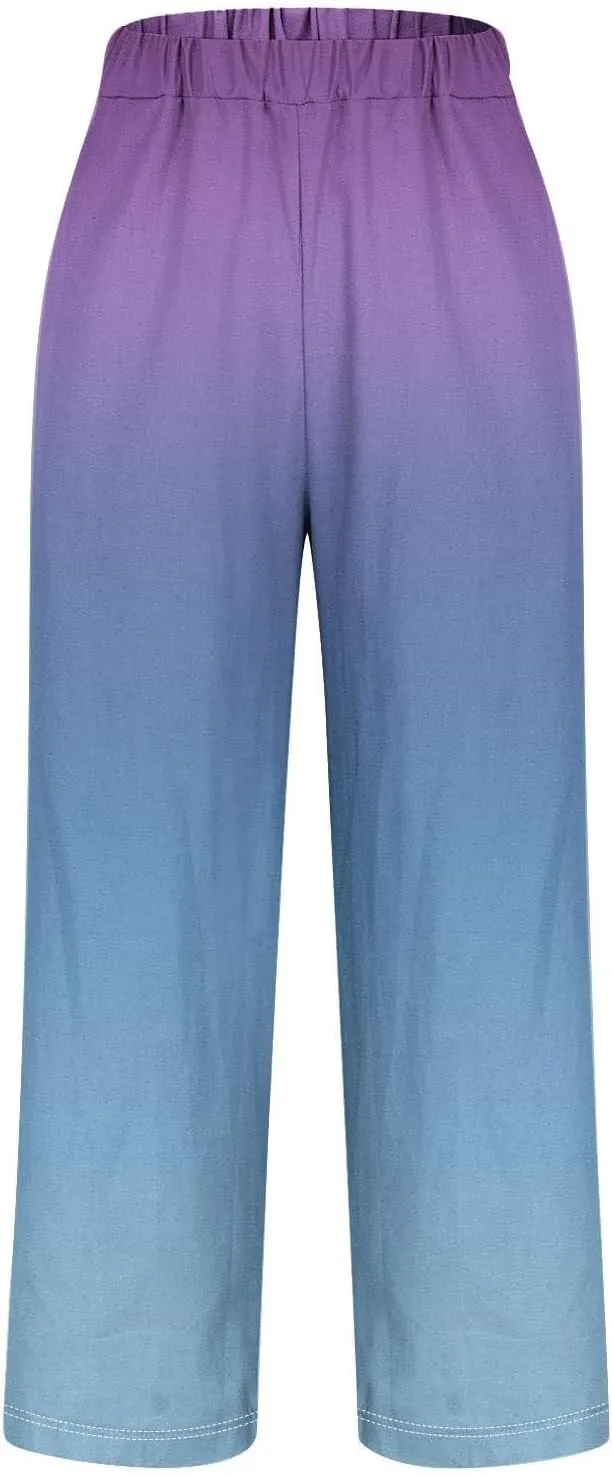 Women's Trendy Linen Pants Gradient Summer Casual Elastic Waist Wide Leg Crop Pants Comfy Beach Lounge Trousers with Pockets
