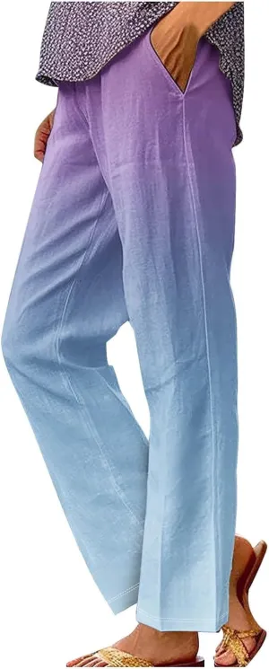 Women's Trendy Linen Pants Gradient Summer Casual Elastic Waist Wide Leg Crop Pants Comfy Beach Lounge Trousers with Pockets