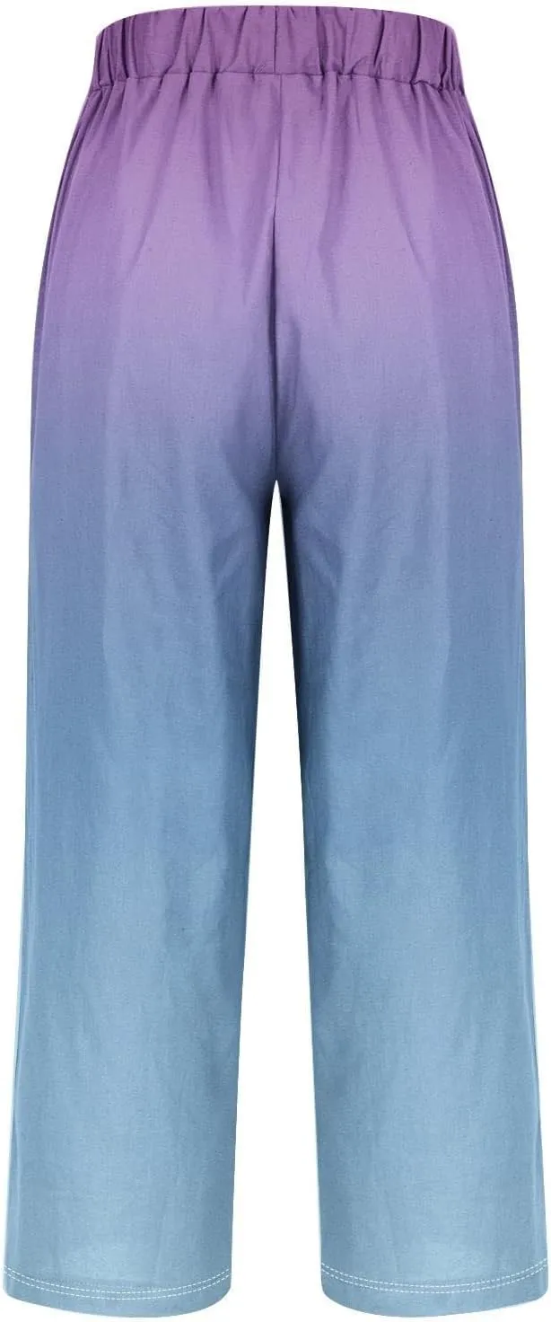 Women's Trendy Linen Pants Gradient Summer Casual Elastic Waist Wide Leg Crop Pants Comfy Beach Lounge Trousers with Pockets