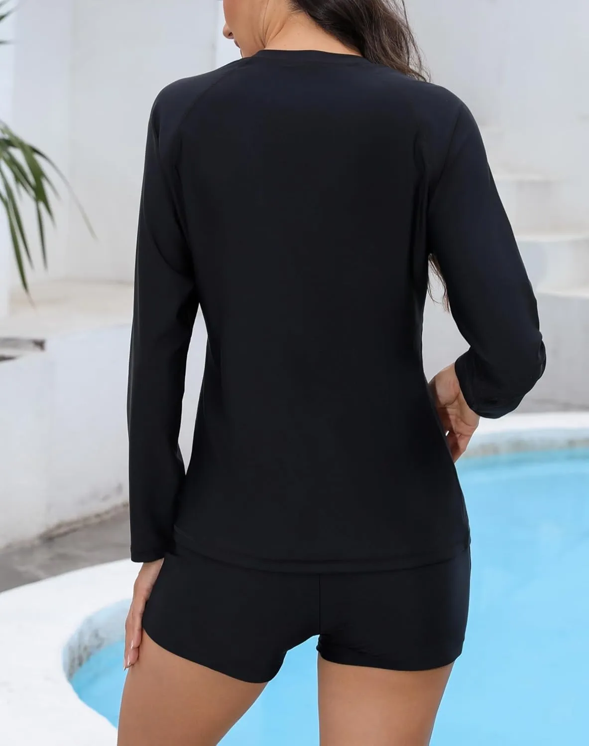 Womens Two Piece Plus Size Long Sleeve Rash Guard Sets Half Zip Swim Shirts Top and Shorts UPF50  Swimsuit