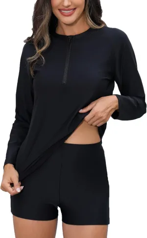 Womens Two Piece Plus Size Long Sleeve Rash Guard Sets Half Zip Swim Shirts Top and Shorts UPF50  Swimsuit