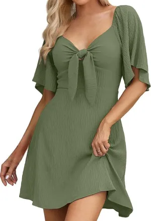 Women's V-Neck Bow Tie Short Sleeve Mini Dress Elegant Smocked Flowy A Line Dresses Summer Plus Size Sundress