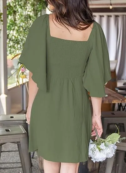 Women's V-Neck Bow Tie Short Sleeve Mini Dress Elegant Smocked Flowy A Line Dresses Summer Plus Size Sundress