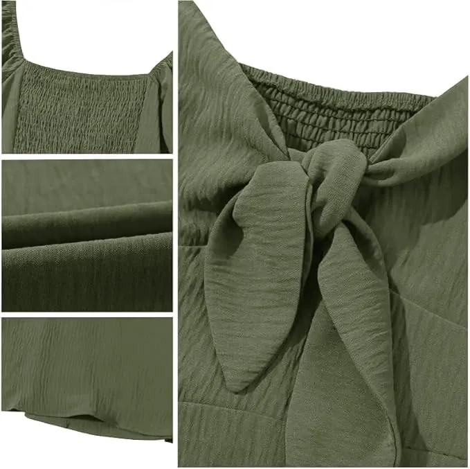 Women's V-Neck Bow Tie Short Sleeve Mini Dress Elegant Smocked Flowy A Line Dresses Summer Plus Size Sundress