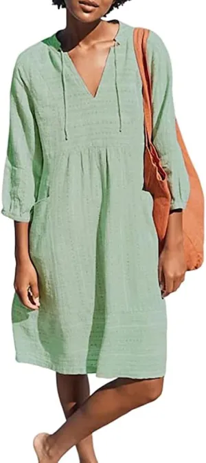 Womens V Neck Cotton Linen Summer Casual Loose Shirts Tunic 3/4 Sleeve Smock Dresses Beach Vacation Dress with Pocket