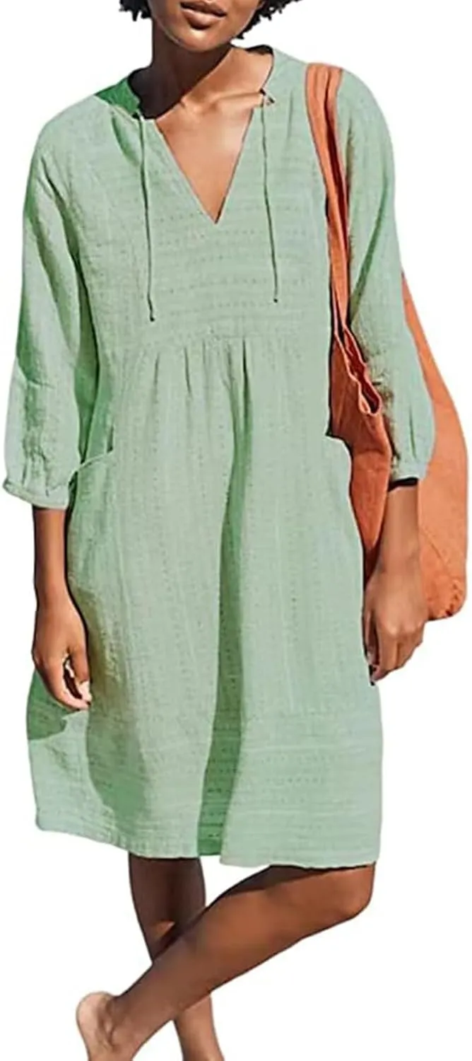Womens V Neck Cotton Linen Summer Casual Loose Shirts Tunic 3/4 Sleeve Smock Dresses Beach Vacation Dress with Pocket