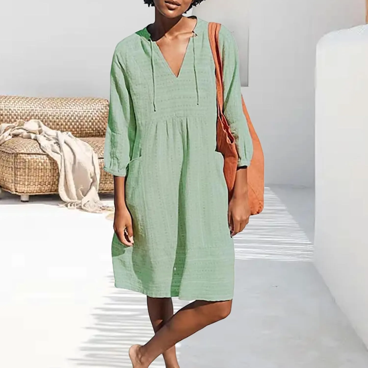 Womens V Neck Cotton Linen Summer Casual Loose Shirts Tunic 3/4 Sleeve Smock Dresses Beach Vacation Dress with Pocket