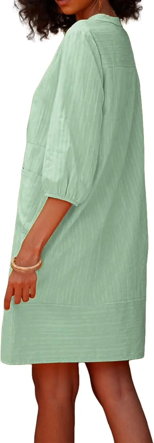 Womens V Neck Cotton Linen Summer Casual Loose Shirts Tunic 3/4 Sleeve Smock Dresses Beach Vacation Dress with Pocket
