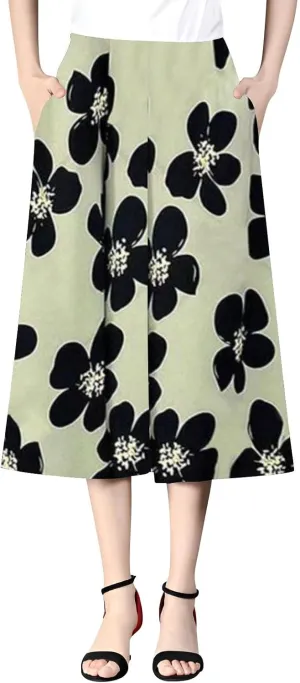 Womens Wide Leg Cropped Pants Plus Size Flowy Loose Fit Capri Pants Summer Floral Printed Elastic High Waisted Beach Trousers