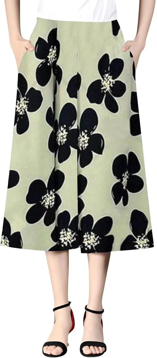 Womens Wide Leg Cropped Pants Plus Size Flowy Loose Fit Capri Pants Summer Floral Printed Elastic High Waisted Beach Trousers