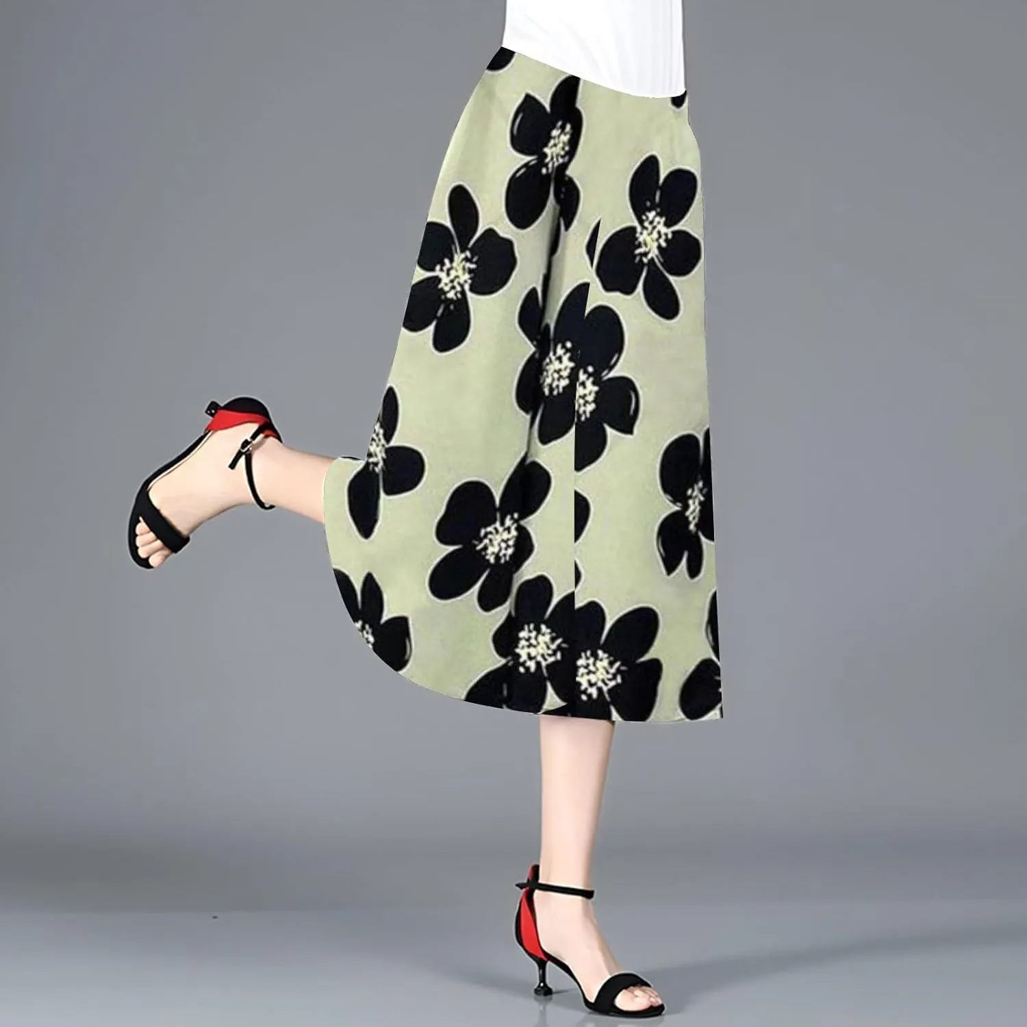 Womens Wide Leg Cropped Pants Plus Size Flowy Loose Fit Capri Pants Summer Floral Printed Elastic High Waisted Beach Trousers