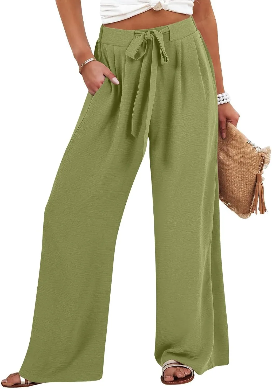 Womens Wide Leg Palazzo Pants High Waist Casual Flowy Trousers 2025 Summer Lounge Beach Travel Vacation Outfits
