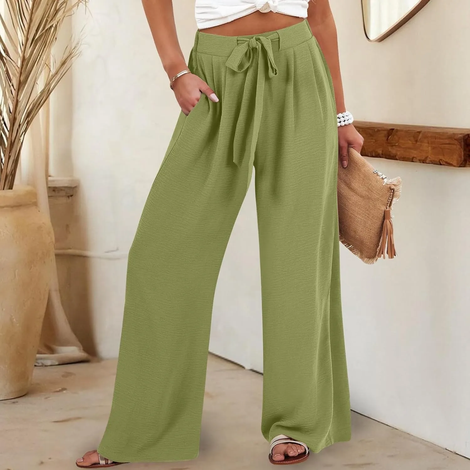 Womens Wide Leg Palazzo Pants High Waist Casual Flowy Trousers 2025 Summer Lounge Beach Travel Vacation Outfits