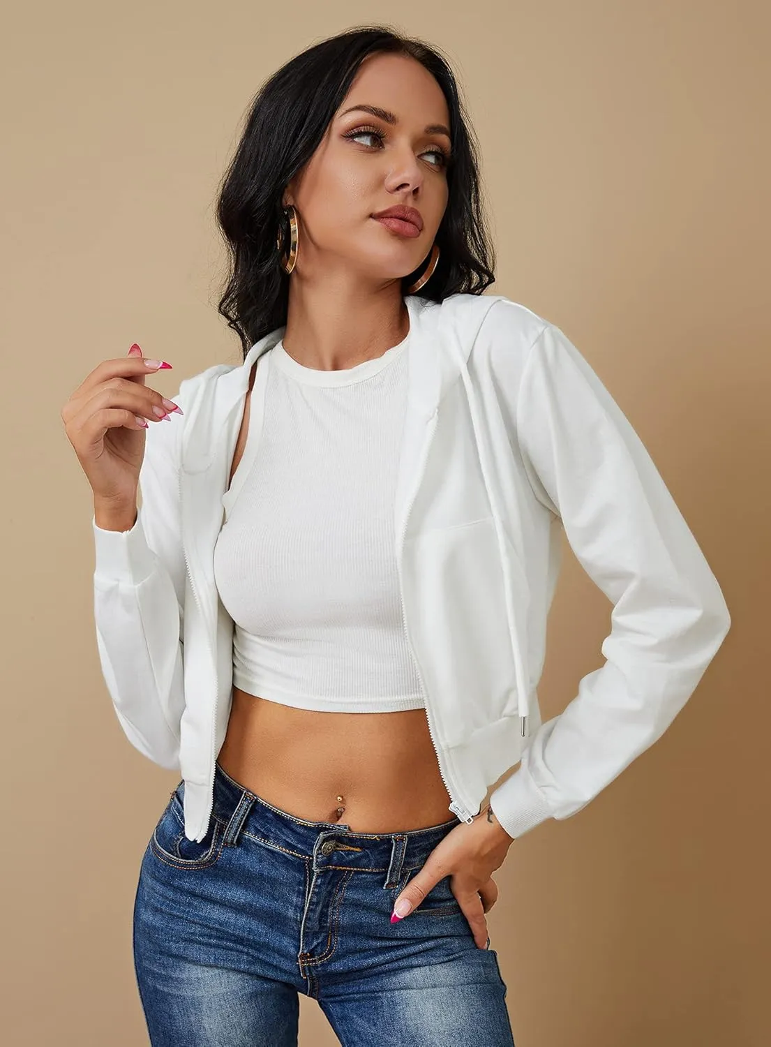 Women's Zip Up Hoodies Cropped Cardigan Jacket Drawstring Hooded Sweatshirts Casual Long Sleeve Top