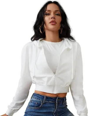 Women's Zip Up Hoodies Cropped Cardigan Jacket Drawstring Hooded Sweatshirts Casual Long Sleeve Top
