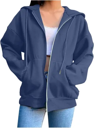 Womens Zip Up Hoodies Long Sleeve Oversized Sweatshirts Fleece Jacket Pockets 2024 Fall Outfits Fashion Y2K Clothes