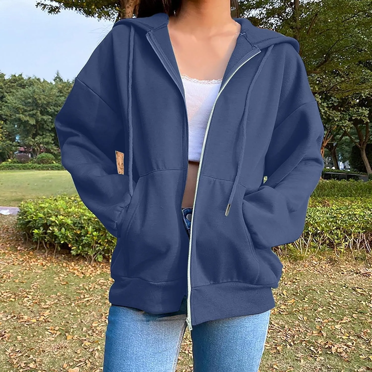 Womens Zip Up Hoodies Long Sleeve Oversized Sweatshirts Fleece Jacket Pockets 2024 Fall Outfits Fashion Y2K Clothes