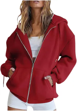 Womens Zip Up Hoodies Long Sleeve Oversized Sweatshirts Fleece Jacket Pockets 2024 Fall Outfits Fashion Y2K Clothes