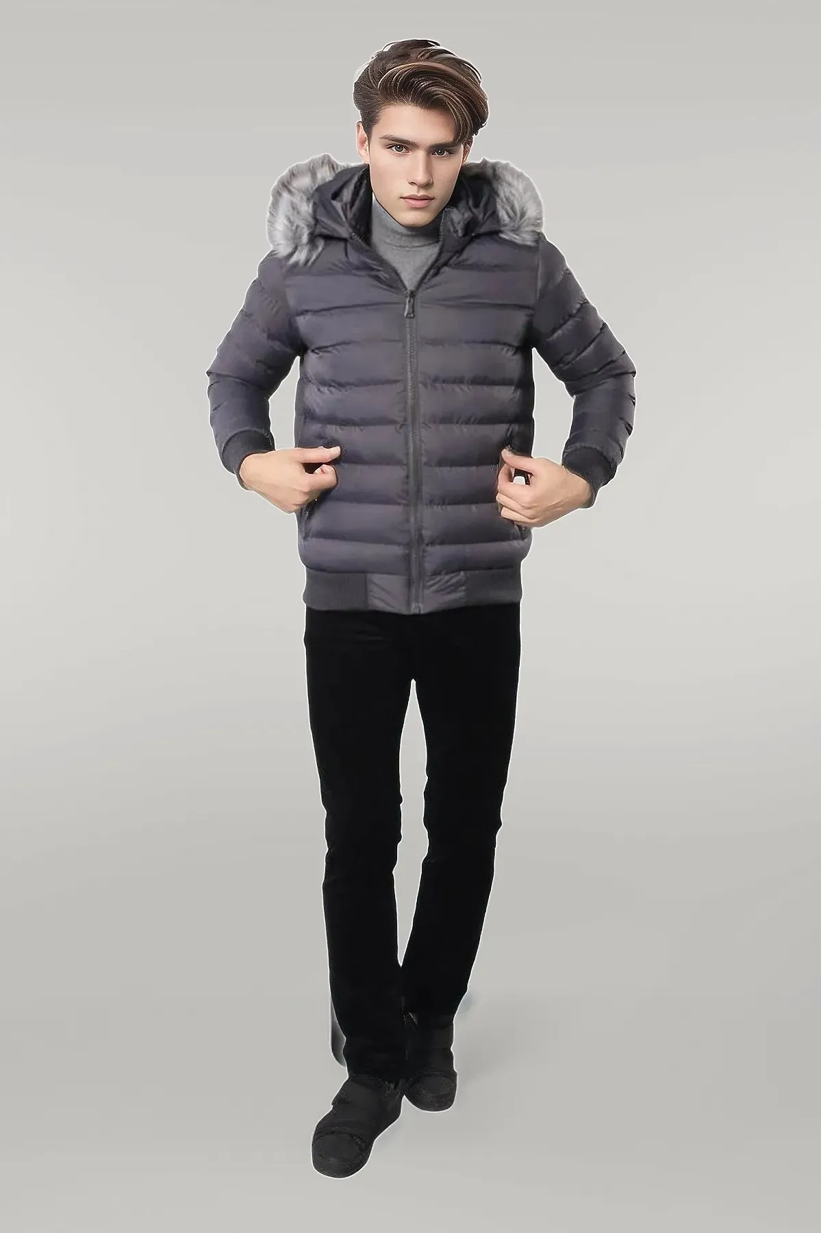 WSS Grey Men's Puffer Coat with Fur  - Singen
