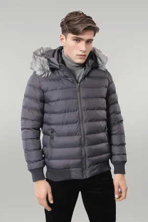 WSS Grey Men's Puffer Coat with Fur  - Singen