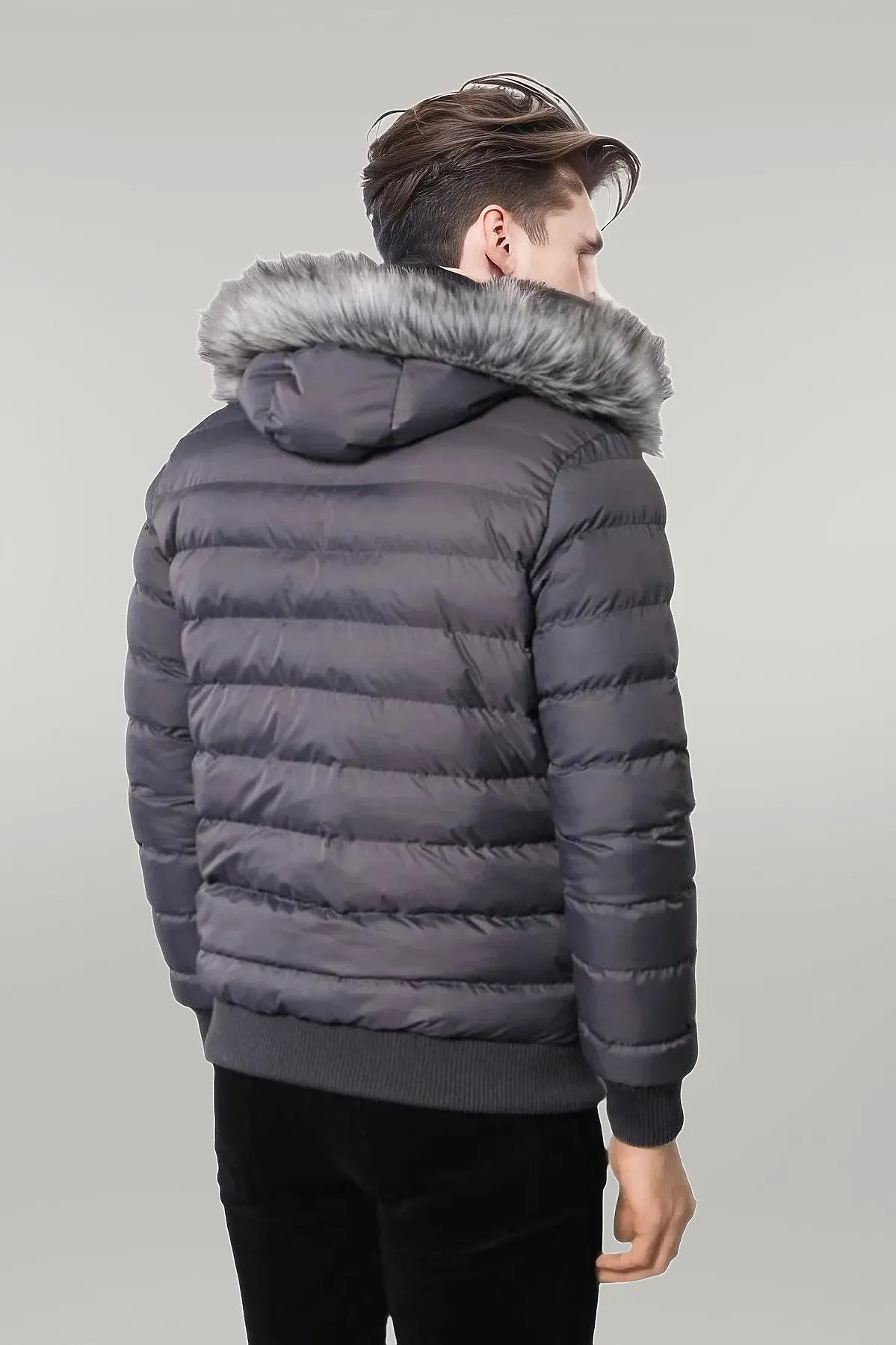 WSS Grey Men's Puffer Coat with Fur  - Singen