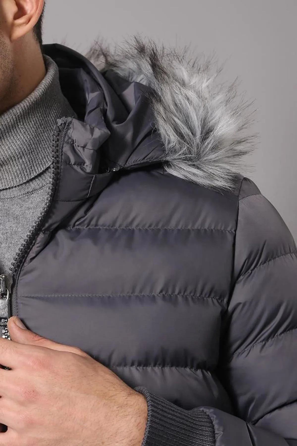 WSS Grey Men's Puffer Coat with Fur  - Singen