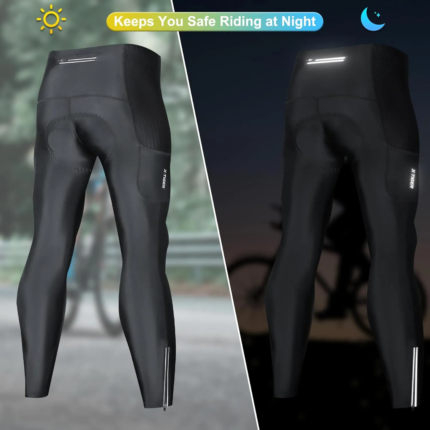 X-TIGER Men's Bike Pants 5D Gel Padded Cycling Tights Leggings Outdoor Riding Mountain Road Bicycle Trousers