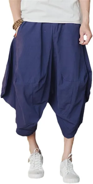 Xingfenly Men Harem Pants Drop Crotch Joggers Solid Casual Trousers Loose Hip Hop Baggy Calf-Length Cotton Wide Leg