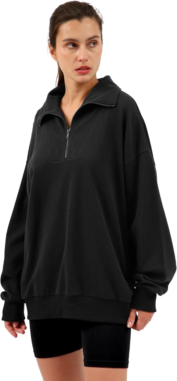 Xintianji Womens 1/4 Zip Pullover Sweatshirts Long Sleeve Drop Shoulder Half Hoodies Fall Oversized Sweater with side pockets