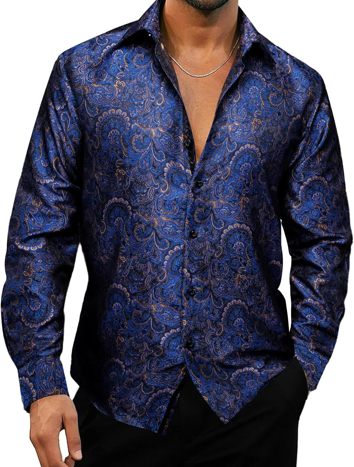 YOHOWA Men's Paisley Shirt Silk Jacquard Dress Long Sleeve Button Down Shirts Casual Mexico Western Disco Party Wedding Prom