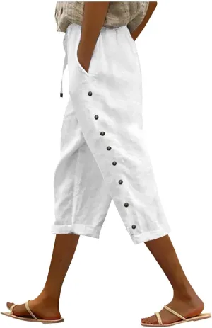 YRAETENM Linen Capris for Women Sumemr Drawstring High Waist Straight Leg Trousers Comfy Side Button Capri Pants with Pockets