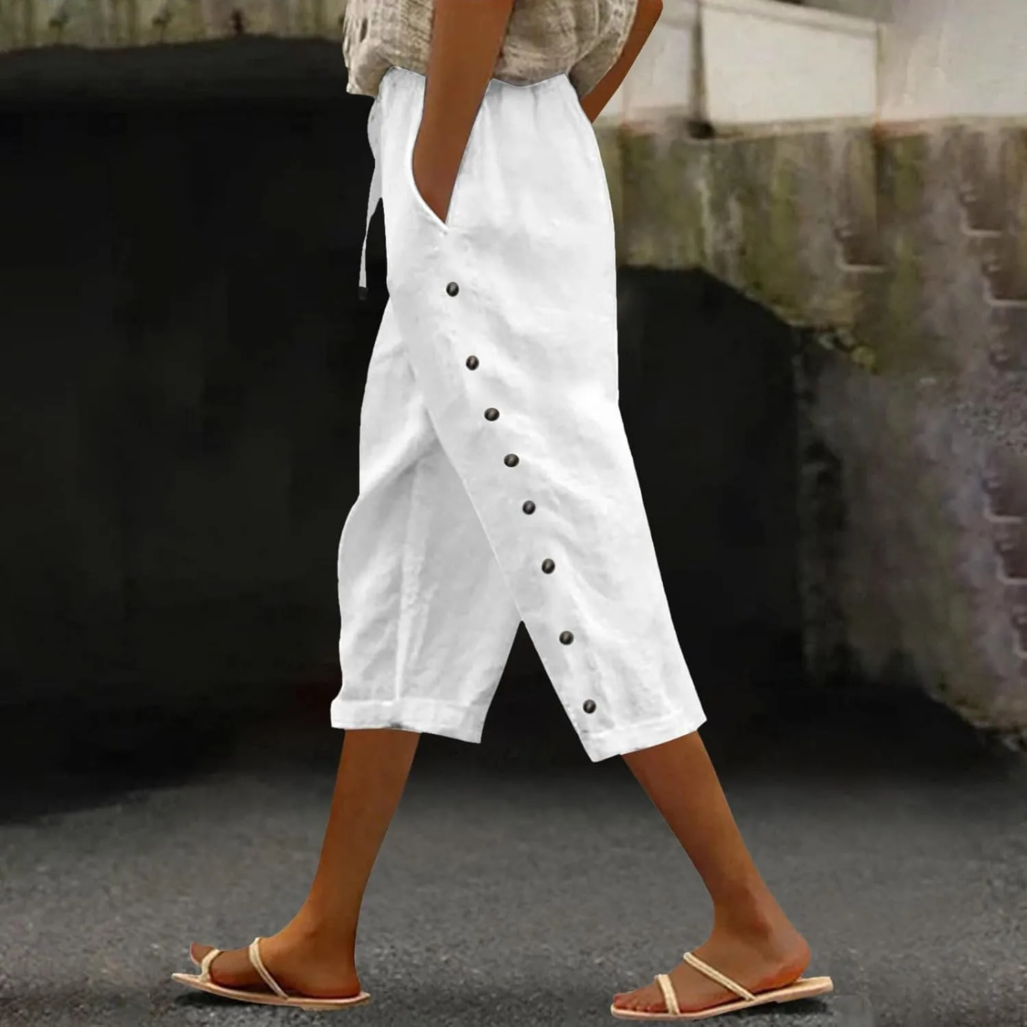YRAETENM Linen Capris for Women Sumemr Drawstring High Waist Straight Leg Trousers Comfy Side Button Capri Pants with Pockets