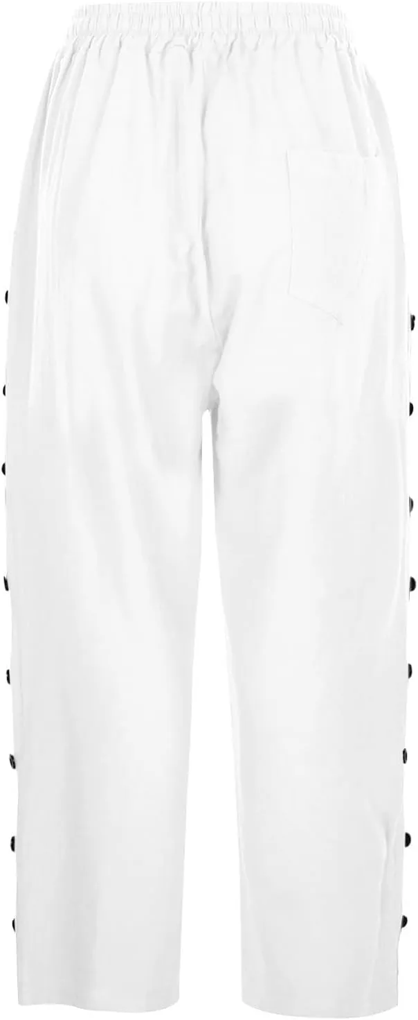 YRAETENM Linen Capris for Women Sumemr Drawstring High Waist Straight Leg Trousers Comfy Side Button Capri Pants with Pockets