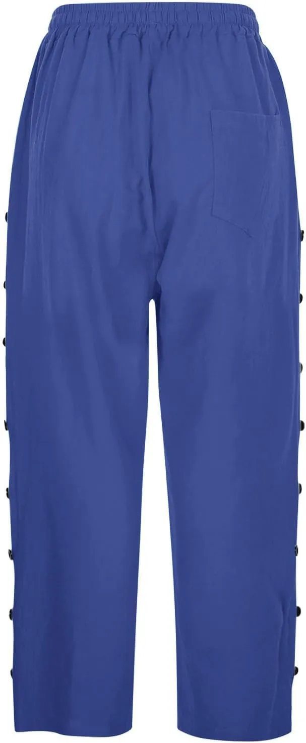 YRAETENM Linen Capris for Women Sumemr Drawstring High Waist Straight Leg Trousers Comfy Side Button Capri Pants with Pockets